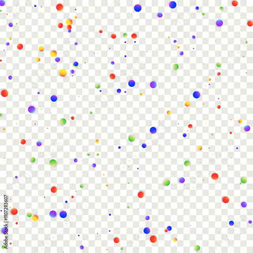 Carnival Confetti. Isolated Masquerade Border with Falling Round Dots. Rainbow Birthday Poster. Sylvester Design. Carnaval Party Background. Colorful Anniversary Banner on Purple Backdrop.