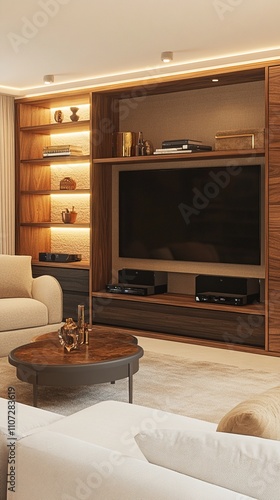 Modern luxury living room interior with custom-built wooden entertainment center featuring LED-lit shelving, mounted flat-screen TV, and elegant round coffee table in warm brown tones. photo