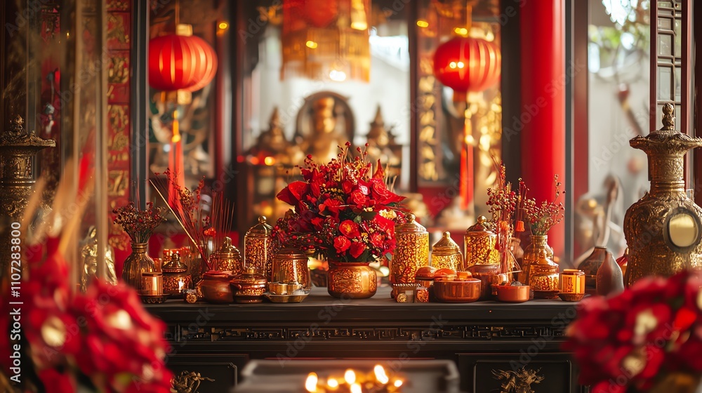 An ornate shrine adorned with red lanterns and vibrant offerings. An ornate shrine adorned with red lanterns and vibrant offerings.