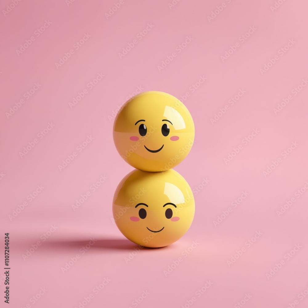 Two yellow emoticon spheres stacked on a pink background Two yellow emoticon spheres stacked on a pink background
