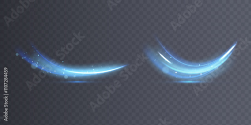 Magical glow. The light effect sparkles in a curved path, sparkling with a shiny magical textured shimmer. Glowing wave of stardust, shiny sparkle magical starlight, isolated set for vector