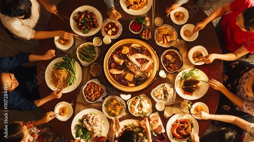 A group sharing a delightful meal at a round dinner table.