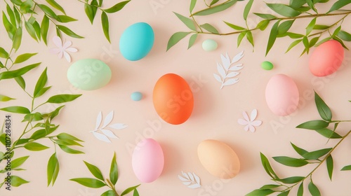 Colorful Easter Eggs Surrounded by Fresh Green Leaves and Petals photo