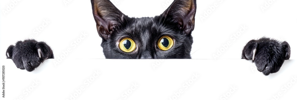 Fototapeta premium A curious black cat peeking over a white surface with bright yellow eyes.