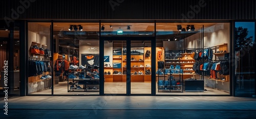 Nighttime view of a sports retail store showcasing athletic apparel and shoes.