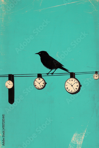 Surreal Bird Perched on Wire with Clocks: An Exploration of Time and Silence in Minimalist Art photo