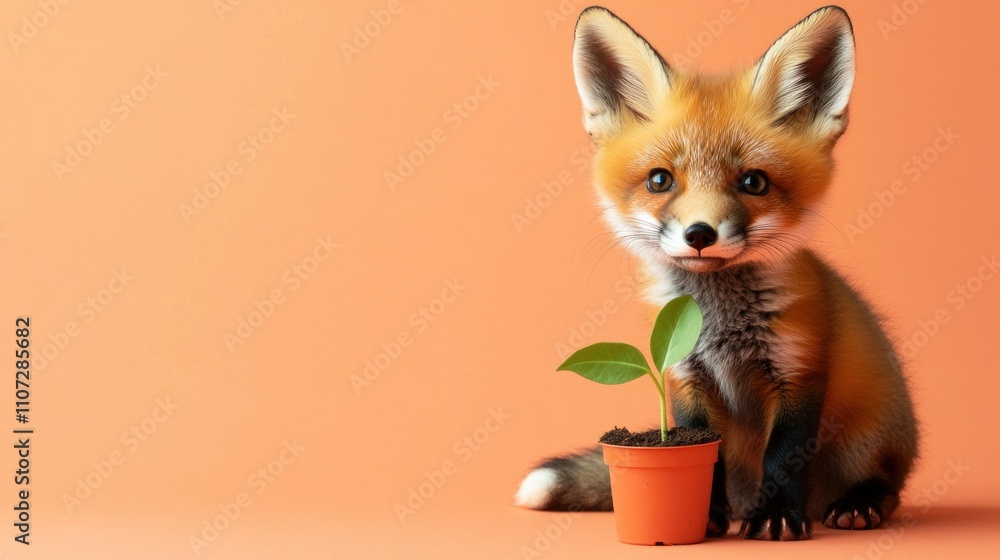 Obraz premium A cute fox beside a small potted plant on a vibrant orange background.