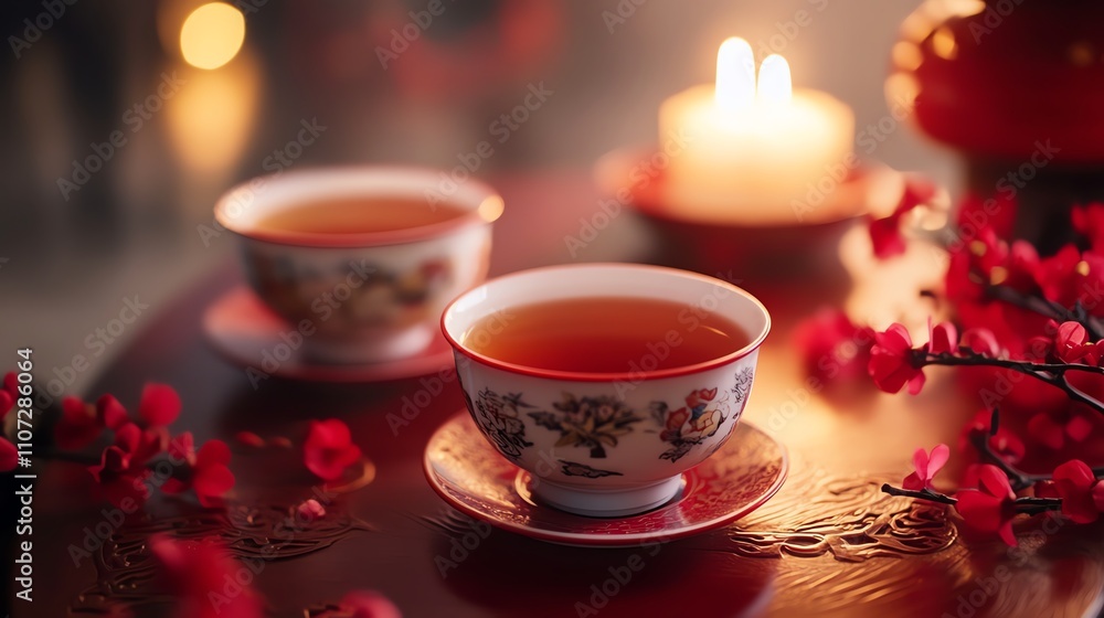 Fototapeta premium A serene tea setting with glowing candles and cherry blossoms.