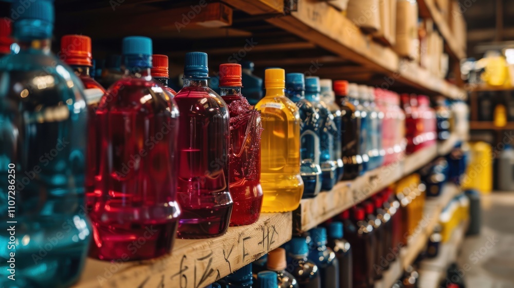 A colorful display of liquid containers on wooden shelves in a warehouse setting. A colorful display of liquid containers on wooden shelves in a warehouse setting.