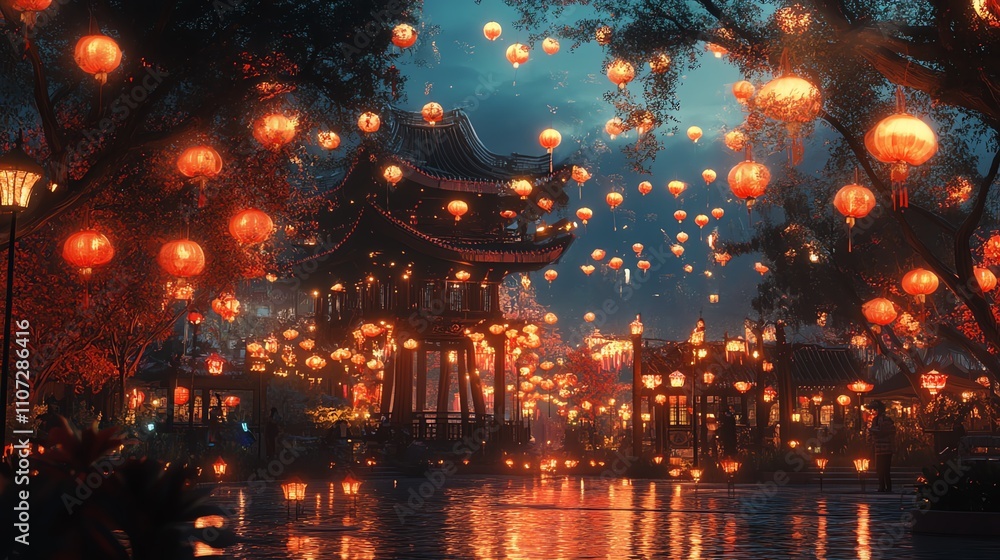 Illuminated lanterns enhance the tranquil night landscape. Illuminated lanterns enhance the tranquil night landscape.