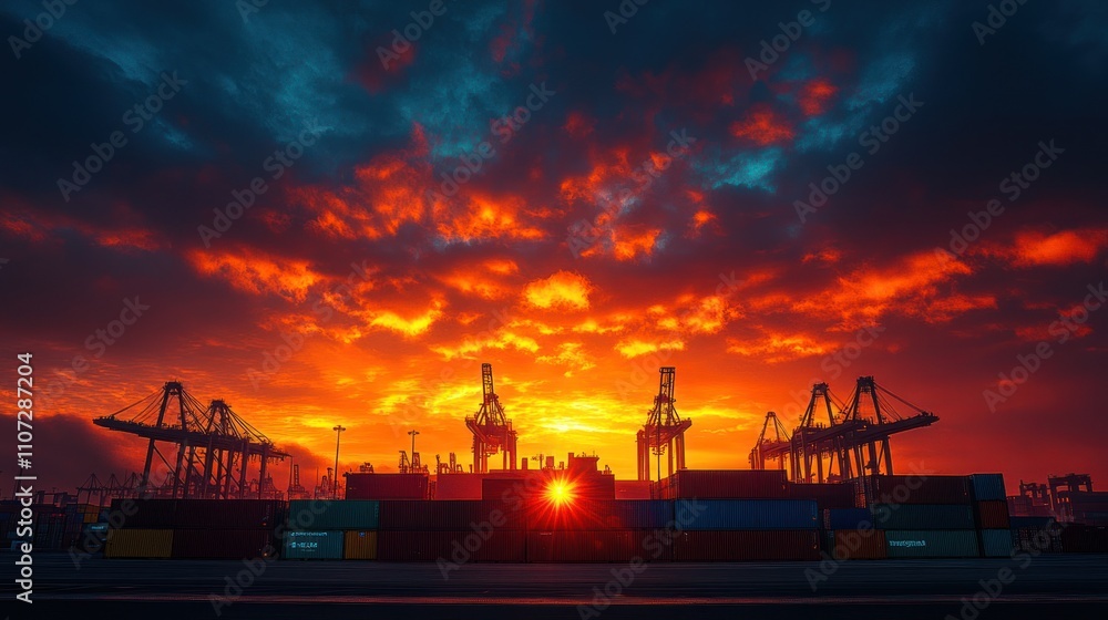 Silhouetted cranes and containers at sunset. Silhouetted cranes and containers at sunset.