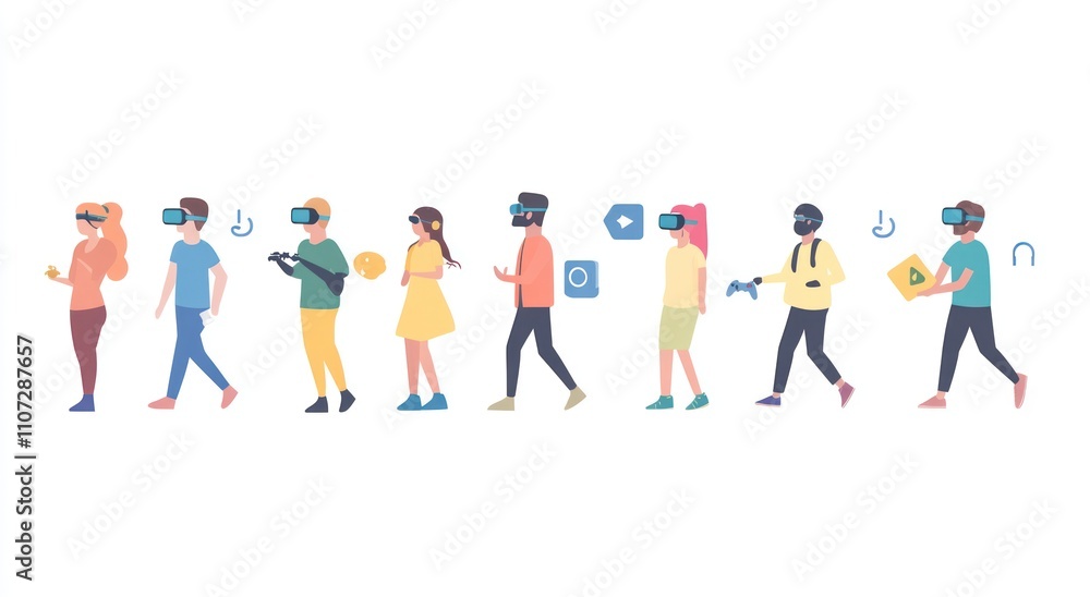 A diverse group of people engaging in various virtual reality activities. A diverse group of people engaging in various virtual reality activities.