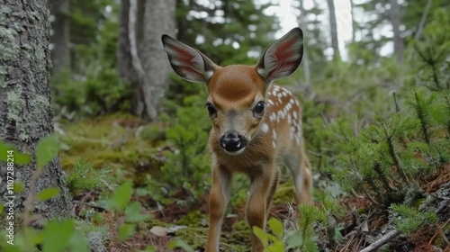 Adorable fawn in a forest setting, close-up view of a young deer in its natural habitat.