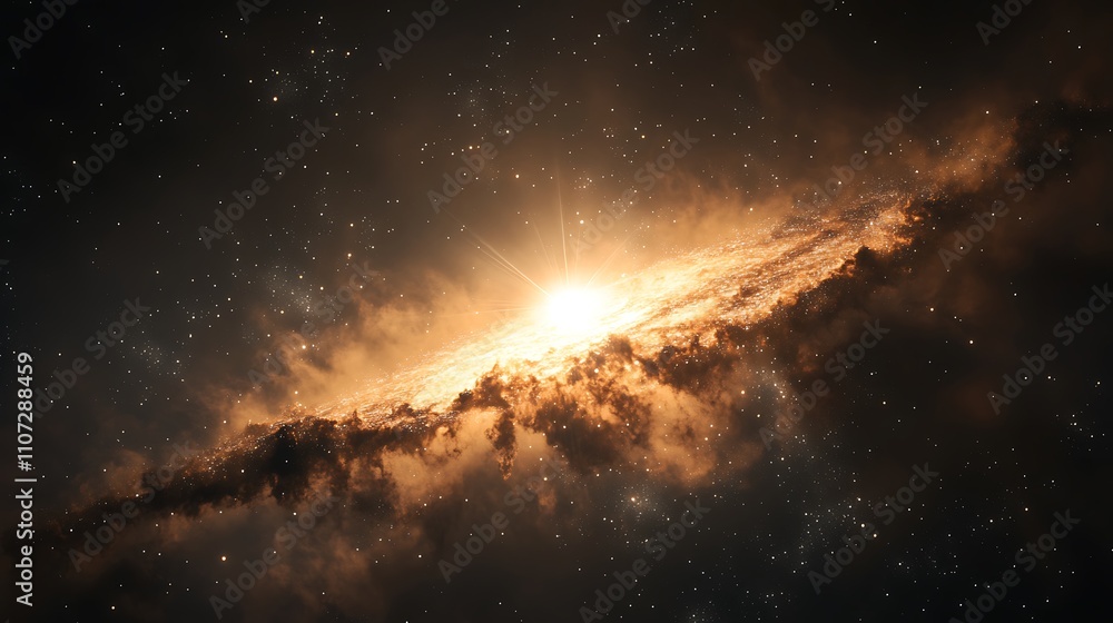 Obraz premium A vibrant depiction of a cosmic scene with a bright star surrounded by swirling gases and dust.