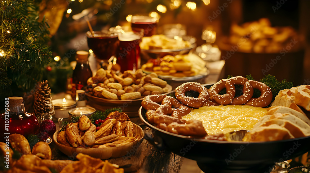 A Christmas Table with Pretzels, Cheese Fondue, and Festive Treats A Christmas Table with Pretzels, Cheese Fondue, and Festive Treats