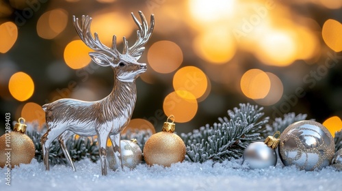 Silver reindeer figurine with ornaments on snow.