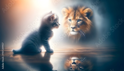 A kitten sees its reflection as a lion, symbolizing inner strength and transformation. photo