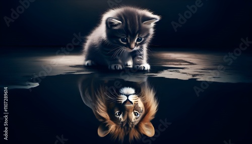 A kitten sees its reflection as a lion, symbolizing inner strength and transformation. photo