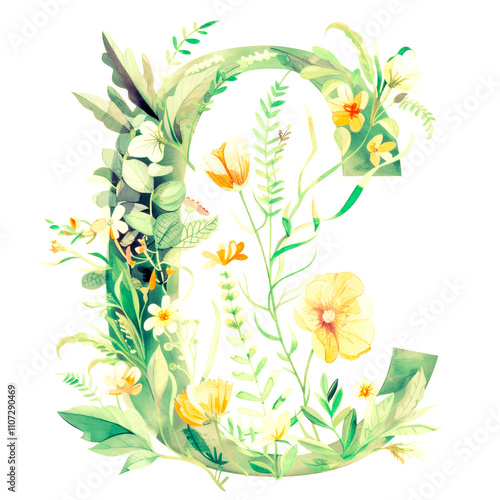 Watercolor Alphabet Letter C with Leaves and Flowers. Initial Monogram C Painted in Watercolour Isolated on White. Summer Ornament. Exotic Floral ABC Card. Birthday, Vintage Wedding Poster Font. photo