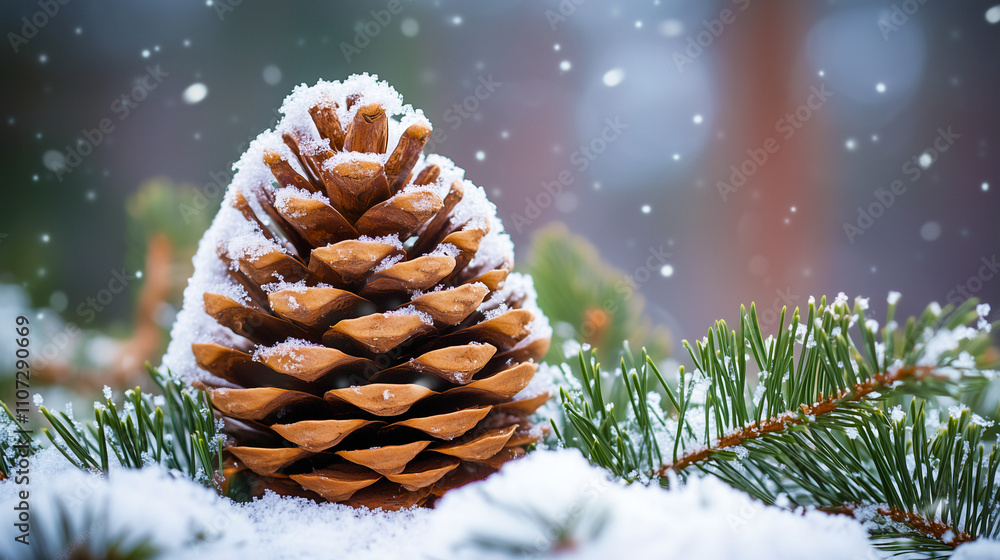 Close-up of a pine cone resting on snow-covered evergreen branches with soft snowfall in a serene winter setting Close-up of a pine cone resting on snow-covered evergreen branches with soft snowfall in a serene winter setting