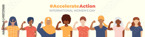 #AccelerateAction. Women's Day. Women of different ethnicities. Horizontal Banner. Faceless vector illustration isolated on white background.