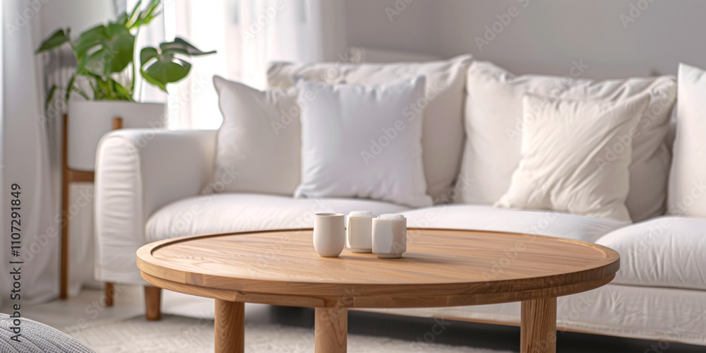 Fototapeta premium round table and sofa in Scandinavian style interior Generative AI