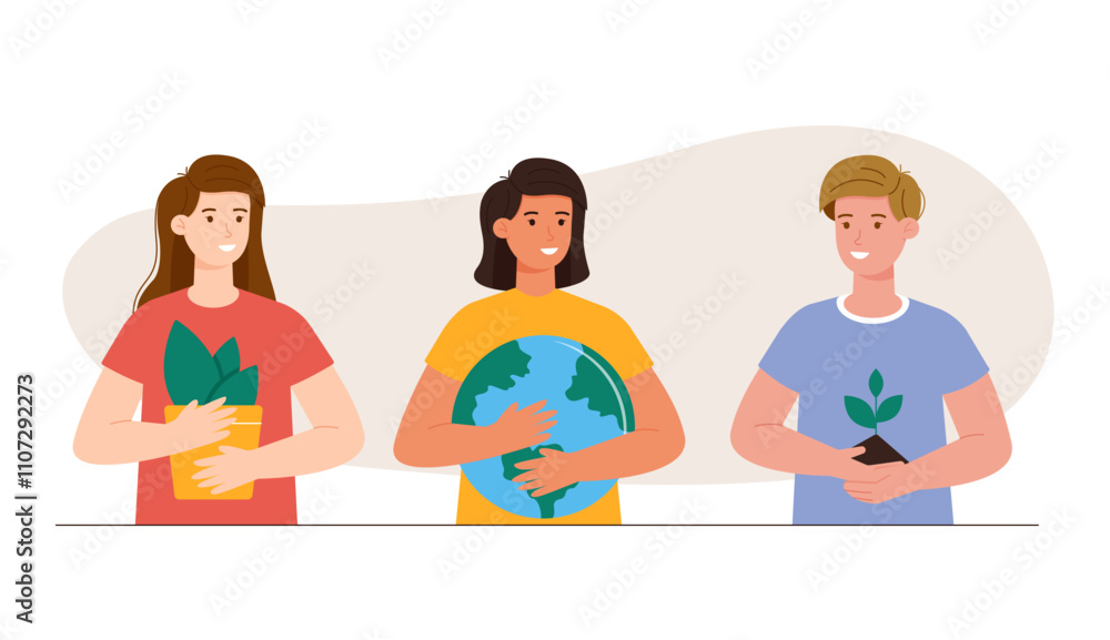 People saving planet, protect and care for the environment. The concept of environmental awareness and sustainable development. Vector illustration People saving planet, protect and care for the environment. The concept of environmental awareness and sustainable development. Vector illustration