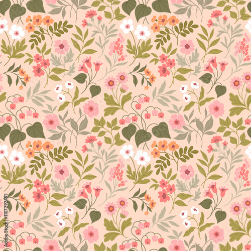 Beautiful floral pattern in small vintage flowers. Small pastel color flowers. Light pink background. Liberty print. Floral seamless background. Vintage template for fashion prints. Stock pattern.