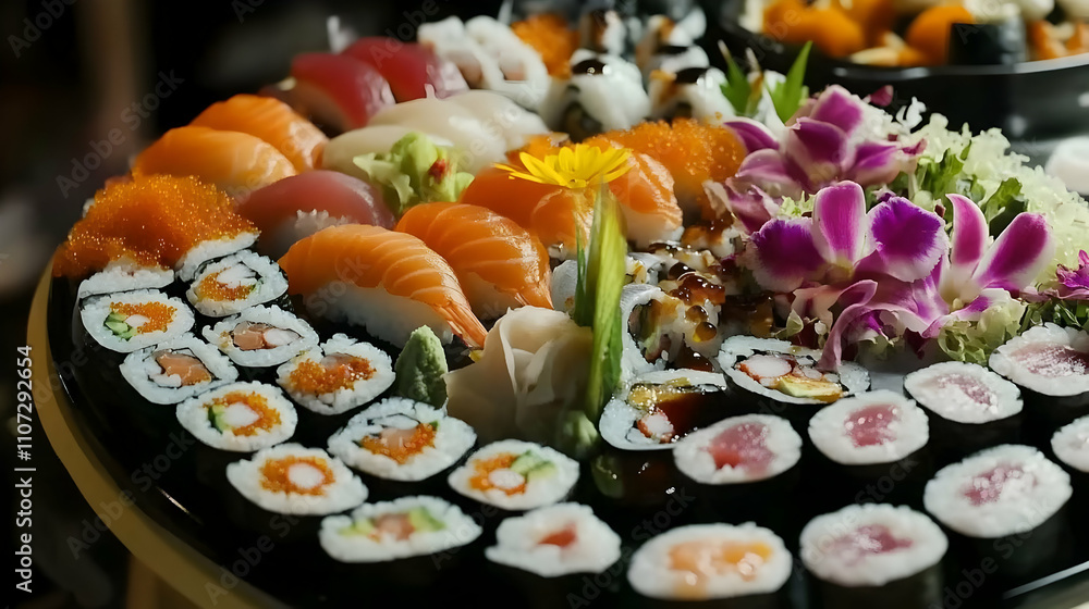 A delectable platter of assorted sushi, showcasing a variety of fresh fish, expertly prepared rice rolls, and vibrant garnishes. A delectable platter of assorted sushi, showcasing a variety of fresh fish, expertly prepared rice rolls, and vibrant garnishes.