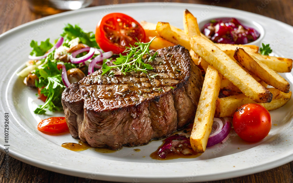 Perfectly Grilled Steak with Sides of Crispy French Fries Perfectly Grilled Steak with Sides of Crispy French Fries