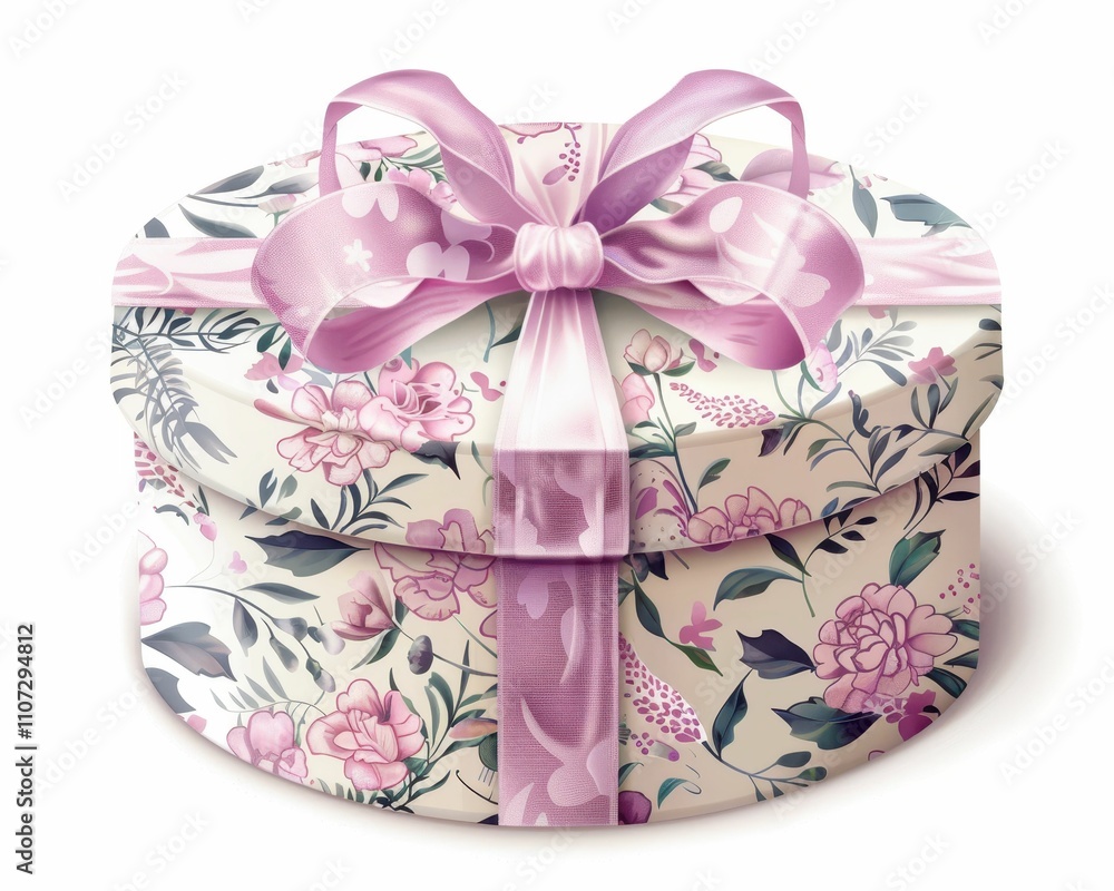 A beautifully wrapped round gift box adorned with floral patterns and a delicate pink bow, perfect for special occasions. A beautifully wrapped round gift box adorned with floral patterns and a delicate pink bow, perfect for special occasions.