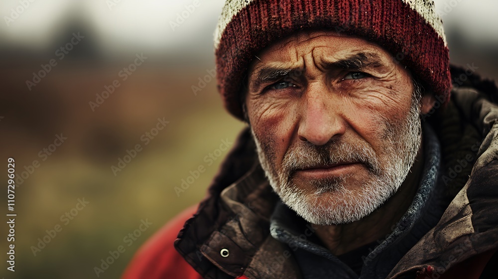 Portrait of explorer or adventurer with red hat against blurred countryside background. With room for copyspace. Portrait of explorer or adventurer with red hat against blurred countryside background. With room for copyspace.