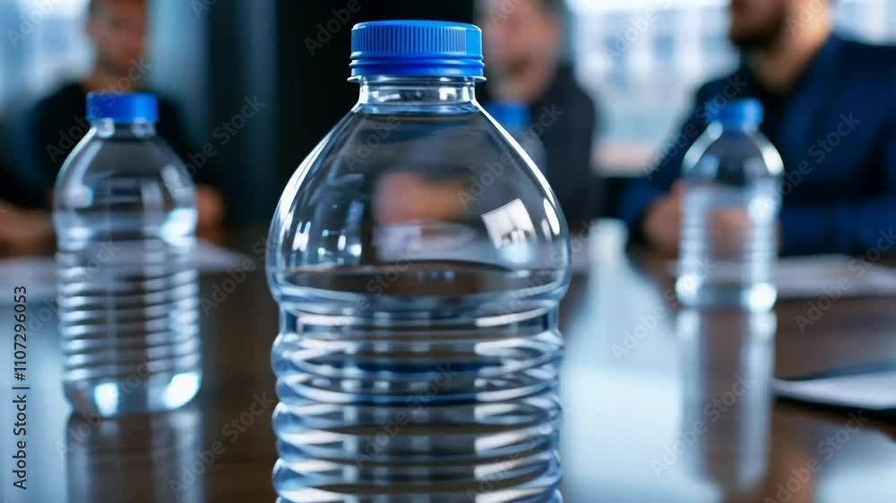 A clear plastic water bottle sits on a conference table during a business meeting, symbolizing hydration and collaboration A clear plastic water bottle sits on a conference table during a business meeting, symbolizing hydration and collaboration
