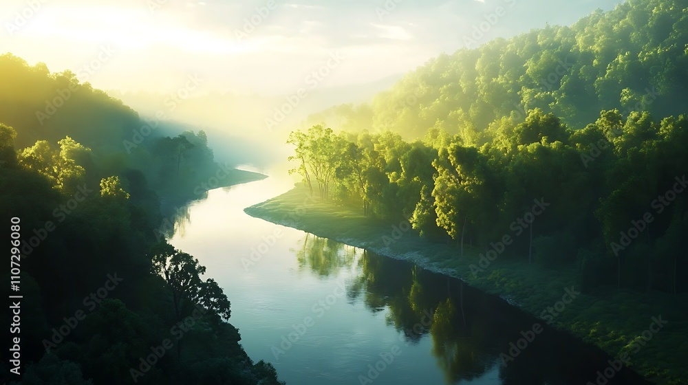 Fototapeta premium Serene river winding through lush green hills in soft morning light.
