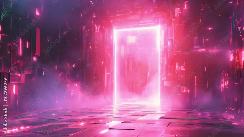 Door portal in glowing neon cyber space showcasing futuristic digital aesthetics with vibrant lights and immersive depth new beautiful stock video footage animation AI Door portal in glowing neon cyber space showcasing futuristic digital aesthetics with vibrant lights and immersive depth new beautiful stock video footage animation AI