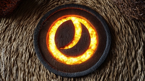 A fiery symbol glows against a textured background, showcasing a circular design with a crescent shape, evoking themes of energy and illumination. photo