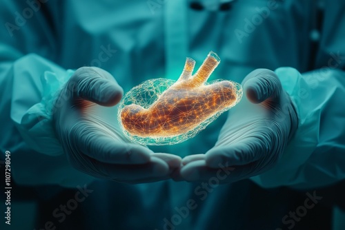 Medical professional showcasing a glowing holographic pancreas in hands, representing advanced diagnostics in gastroenterology, futuristic healthcare innovation, glowing interface, copy space, selecti