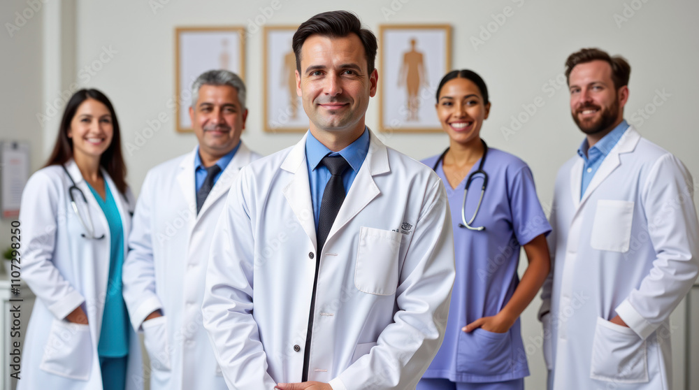 Confident Medical Team of Diverse Professionals in Clinic Setting Confident Medical Team of Diverse Professionals in Clinic Setting