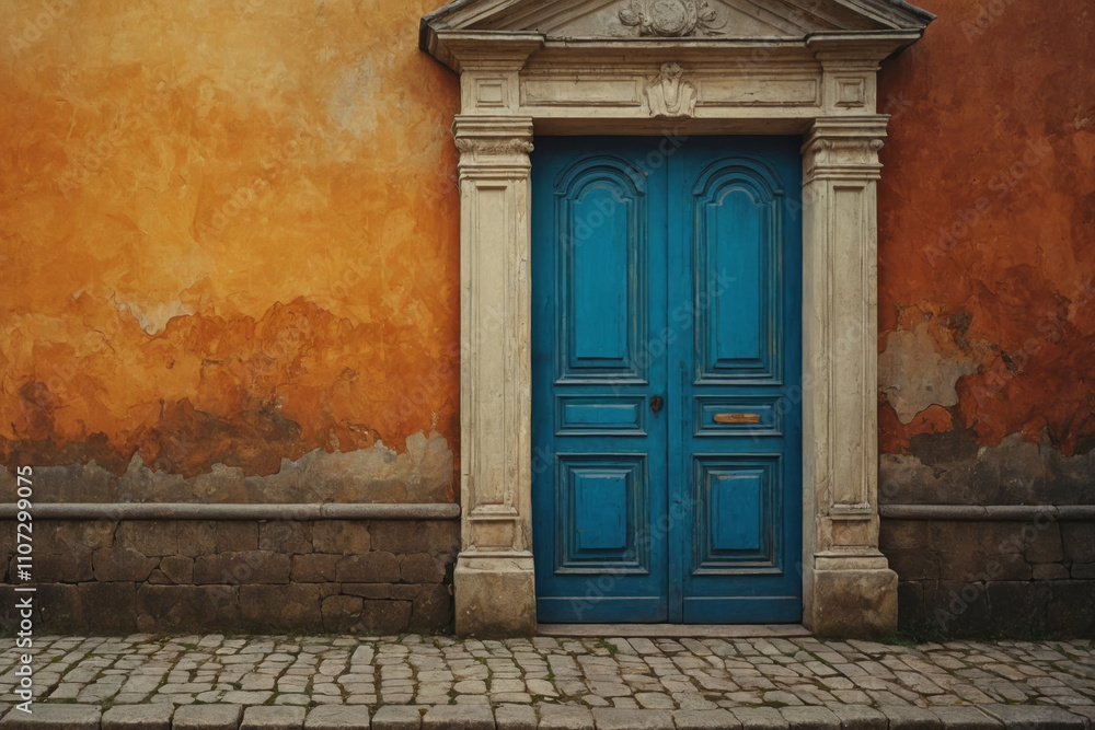 Vibrant blue door set against an orange weathered wall in a quaint cobblestone street Vibrant blue door set against an orange weathered wall in a quaint cobblestone street
