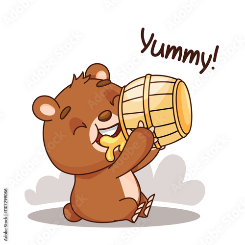 A playful cartoon bear happily eats treats from a barrel, showcasing a whimsical and funfilled theme