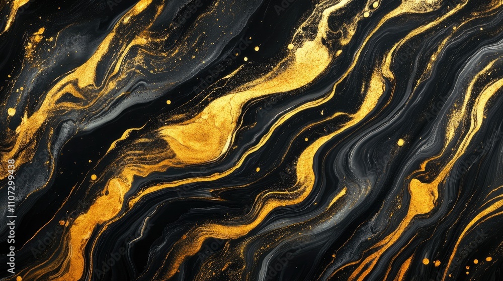 Abstract black and gold marbled texture with swirling patterns. Abstract black and gold marbled texture with swirling patterns.