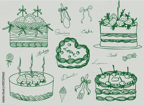 Set of cake hand drawn whimsical line art element for  wedding,christmas,birthday, Invitations, card and more. Doodle icons, Vector Illustrations
