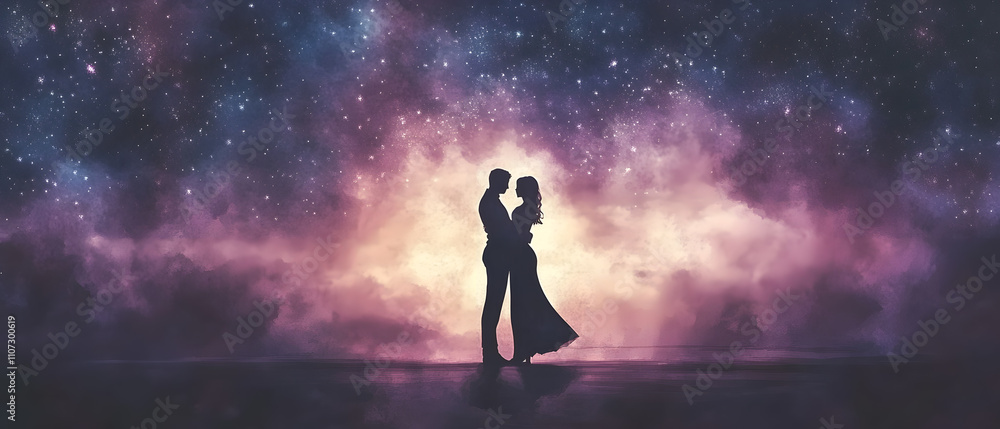 Romantic Couple Silhouette Underneath a Starry Night Sky Romantic Couple Silhouette Underneath a Starry Night Sky