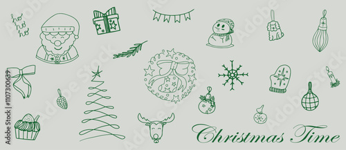 Christmas hand drawn whimsical line art element for party Invitations, card and more. Doodle icons, Vector Illustrations