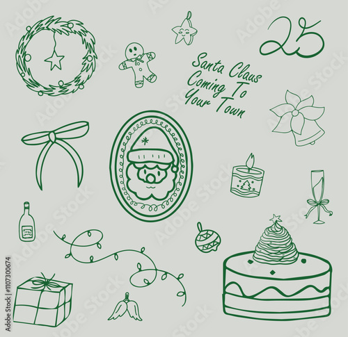 Christmas hand drawn whimsical line art element for party Invitations, card and more. Doodle icons, Vector Illustrations