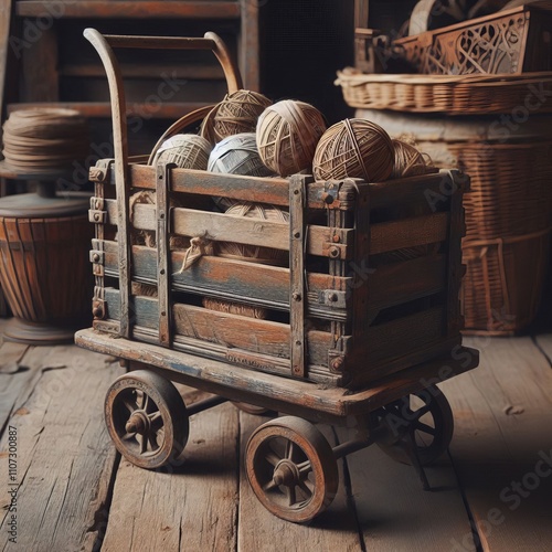 An old wooden trolley with faded paint and a metal frame photo