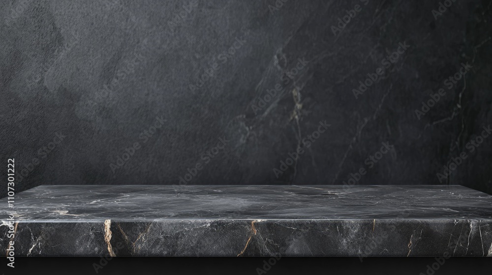 Empty black marble countertop against a dark wall backdrop. Empty black marble countertop against a dark wall backdrop.