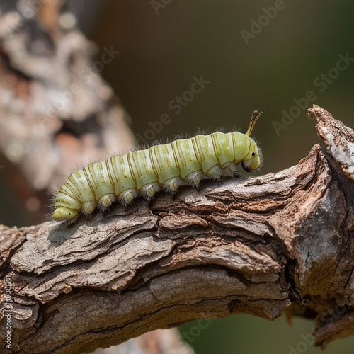 Pale Green Caterpillar Crawling on Bark photo