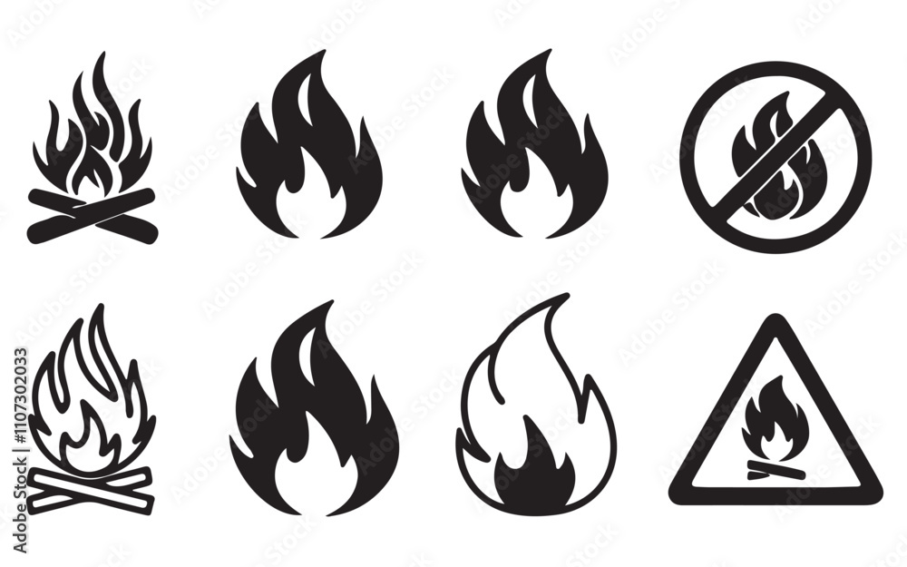 Set of Black Fire Flat Icons and Pictograms Isolated on a White Background Set of Black Fire Flat Icons and Pictograms Isolated on a White Background