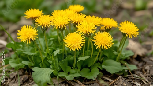 Cluster of vibrant yellow dandelions in spring meadow. photo